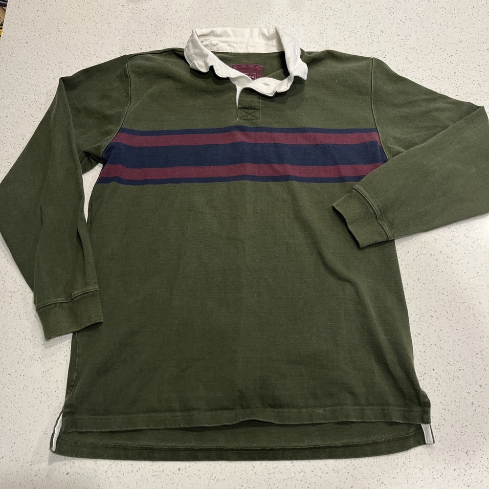 LL Bean Rugby Shirt Mens Large Green Heavy Cotton Long Sleeve Polo Y2K